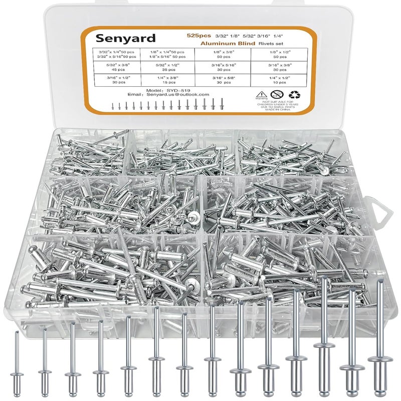 Senyard 525 Pcs pop Rivets, Pop Rivets Assortment Kit, Aluminum Rivets kit, Pop Rivet Set Including (3/32" 1/8" 5/32" 3/16" 1/4"), Assorted Blind Rivets for Metal Dome Head Rivet kit - Image 1